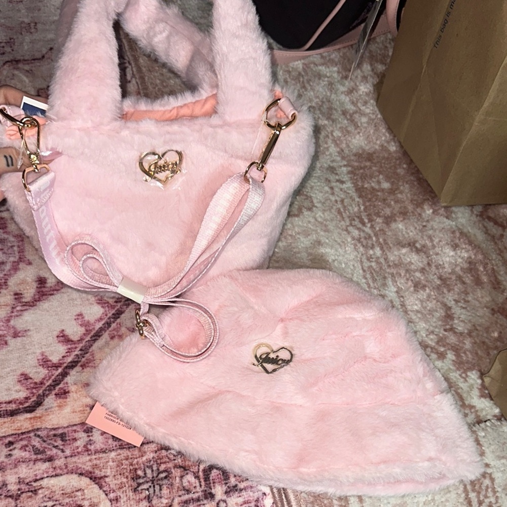 Juicy couture Pink Faux Fur Handbag and Hat Set
